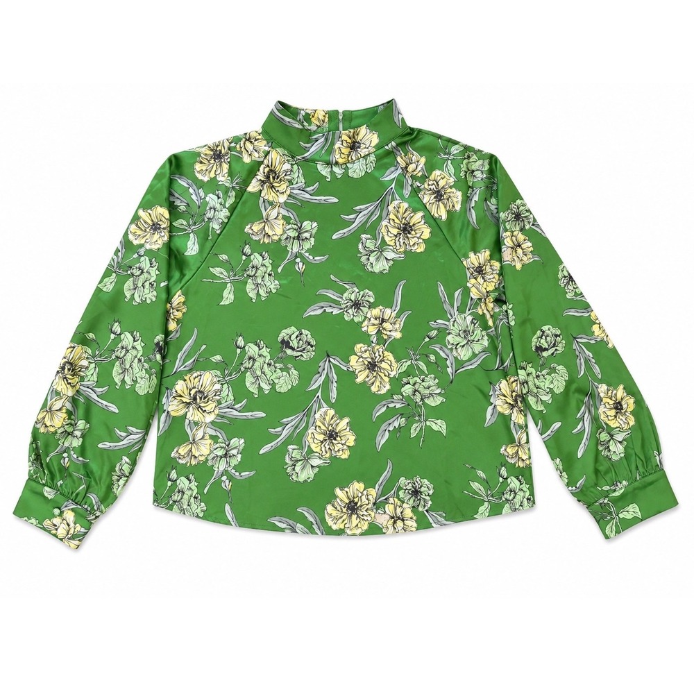 Dee Elly‎ Green Floral High Neck Blouse Satin Puff Sleeve Top Medium Colorful